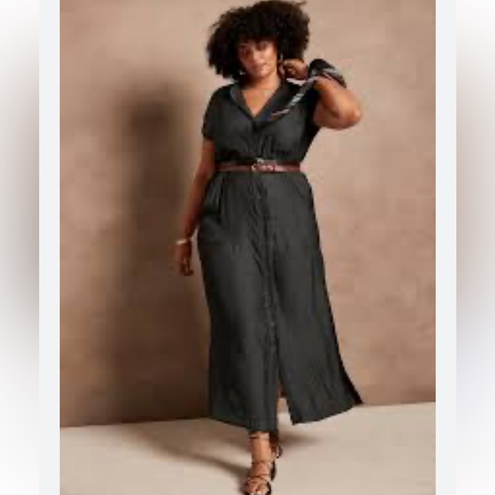Ravina Dusty Blue Satin Maxi Shirt Dress • NWT • Belt Loops • S